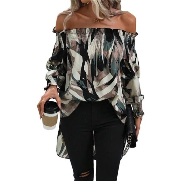 Multicolor Marble Printed Off Shoulder High Low Top Long Asymmetrical Blouse Top - Picture 5 of 6